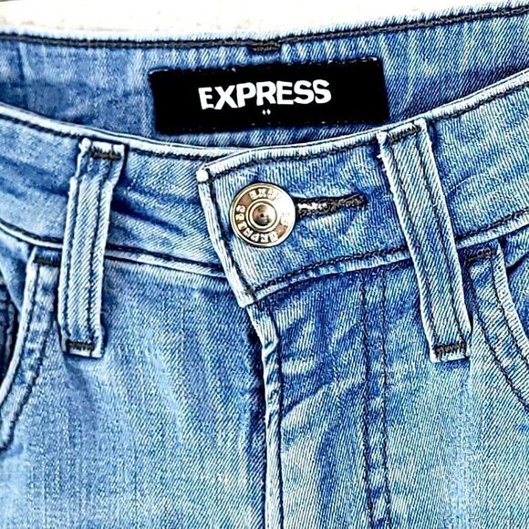 DAMAGED Express Light Blue Stone Wash Whisker Mid Rise Denim Jeans‎ 30/29 Slim - Picture 3 of 11